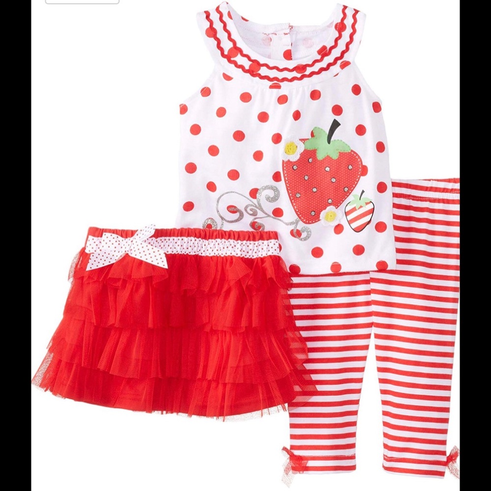 Young Hearts Red Polka Dot Strawberry & Skirted Striped Leggings Set